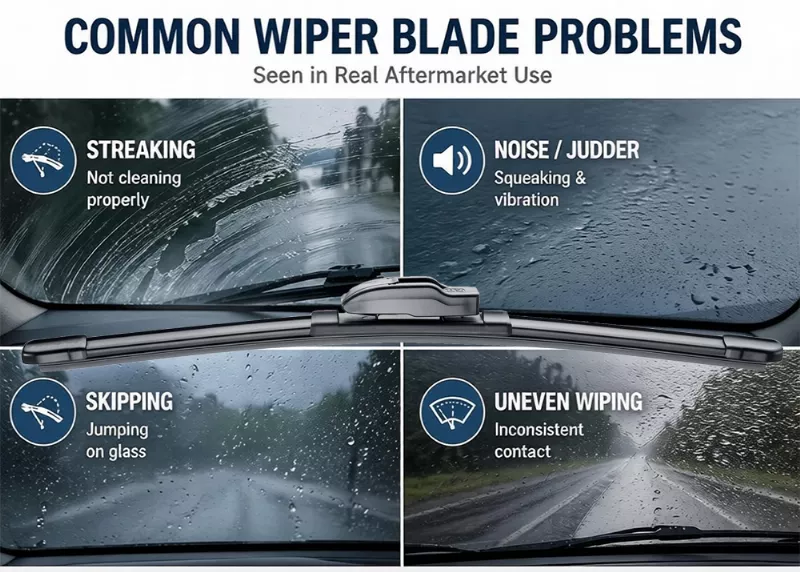 common wiper blade problems overview showing streaking noise skipping and uneven wiping on windshield