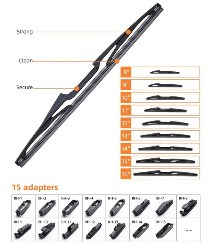 Multifunctional rear wiper blade with 15 adapters for OEM replacement